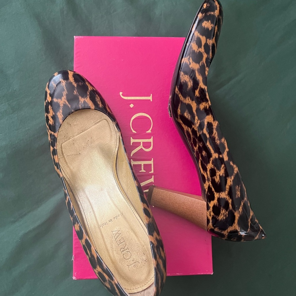 J. Crew vintage patent leather, leopard animal print heels, size 9.5